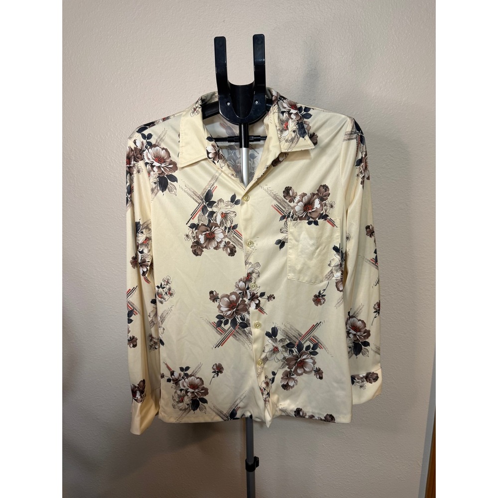Vintage Triumph of California Mens Medium Floral Disco Shirt Long Sleeve Yellow